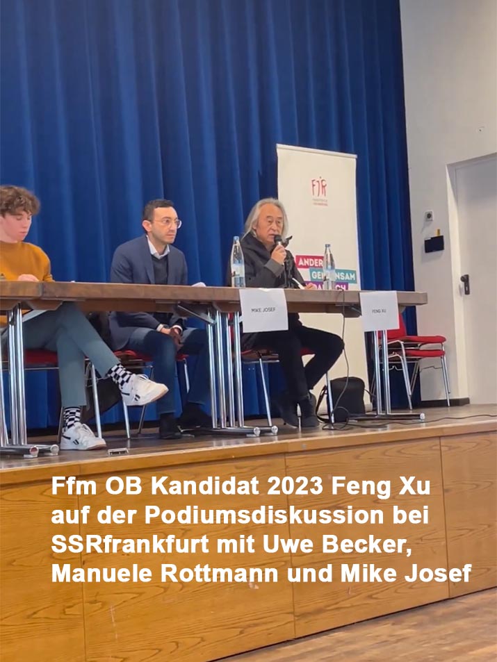 Frankfurt OB Kandidat Feng Xu auf der Podiumsdiskussion bei SSR Frankfurt mit Manuele Rottmann, Mike Josef und Uwe Becker