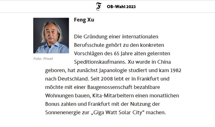 FAZ präsentiert Frankfurt OB Kandidat Feng Xu