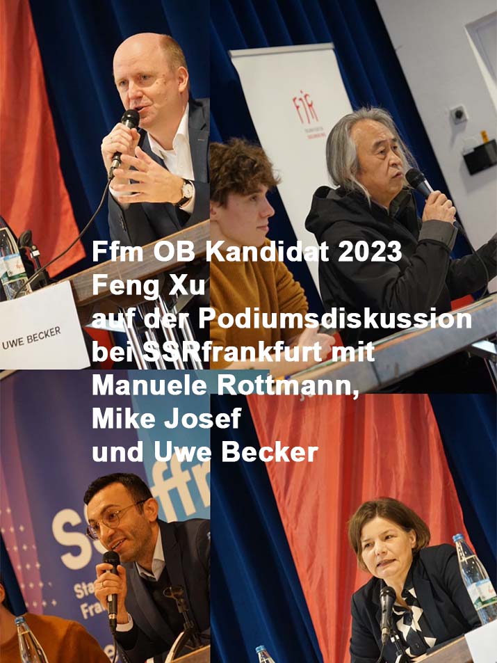 Ffm OB Kandidat 2023 Feng Xu auf der Podiumsdiskussion bei SSR Ffrankfurt mit Manuele Rottmann, Mike Josef und Uwe Becker